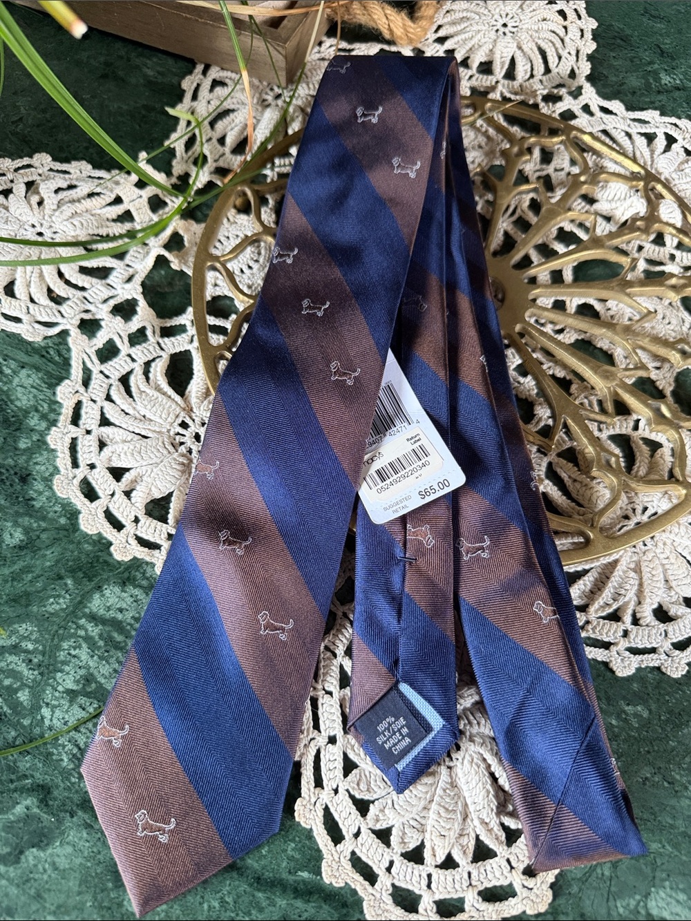 Tommy Hilfiger 100% Silk Dog Stripe Tie - Blue and Brown